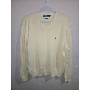 Ralph Lauren Sweater Mens V Neck, 100% Cotton Soft, Yellow, Size Large